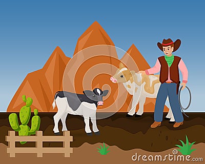 Cowboy on ranch vector illustration of wild west hand drawn. Young man in cowboy hat, with lasso, next to cow and calf. Vector Illustration
