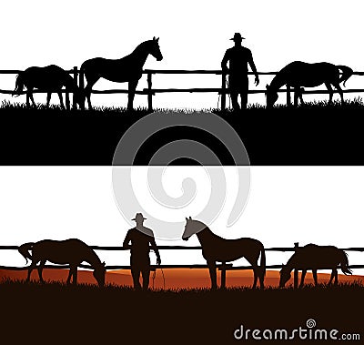 Cowboy rancher and grazing horse herd vector silhouette outline Vector Illustration