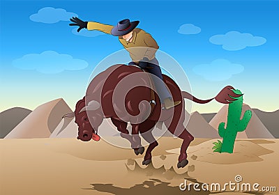 Cowboy ride a wild bull on rodeo game Vector Illustration