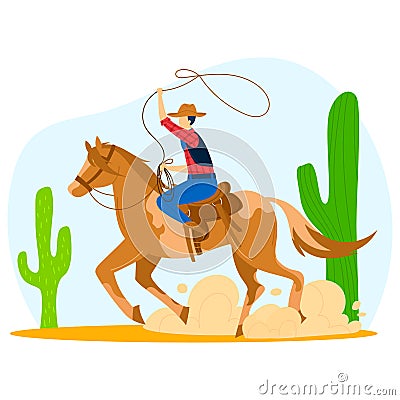 Cowboy ride wild horse, vector illustration. West rodeo male in cartoon hat with lasso rope. Western animal rider at Vector Illustration