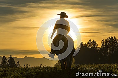 Cowboy riding across grassland with mountains in the background Stock Photo