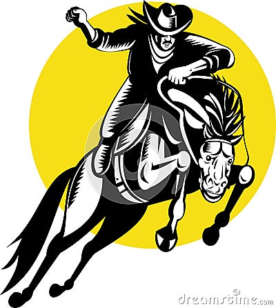 Cowboy riding a bucking bronco Cartoon Illustration