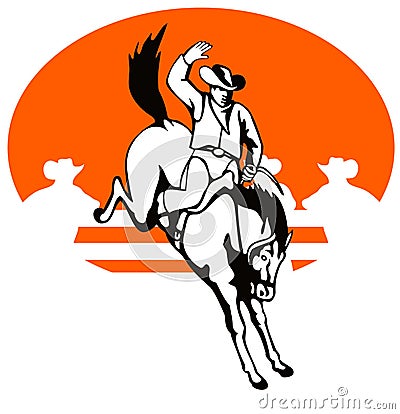 Cowboy riding a bucking bronco Stock Photo