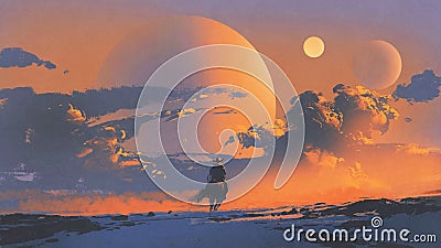 Cowboy riding a horse against sunset sky Cartoon Illustration