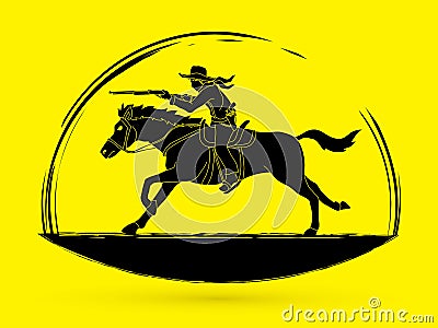 Cowboy riding horse,aiming a rifle gun graphic vector Vector Illustration