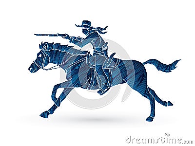 Cowboy riding horse,aiming rifle action graphic vector Vector Illustration