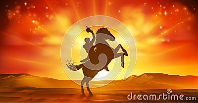 Cowboy Riding Horse Silhouette Sunset Background Vector Illustration