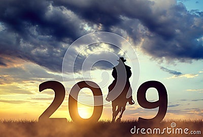 Cowboy riding a horse in the sunset. Forward to the New Year 2019. Stock Photo