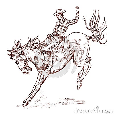 Cowboy riding a horse. Western rodeo icon, Texas Ranger, Sheriff in hat. Wild West, Country style. Vintage Engraved hand Vector Illustration