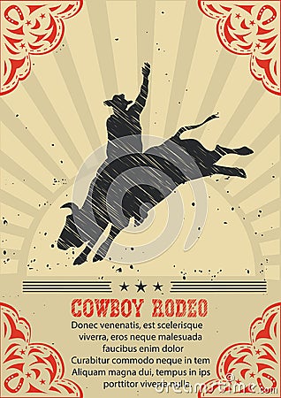 Cowboy riding wild bull.Vector western poster background Vector Illustration