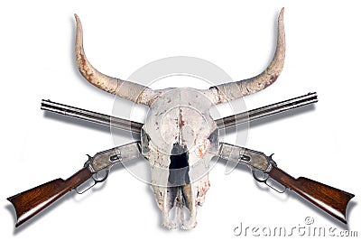 Cowboy Rifles and Cow Skull. Stock Photo