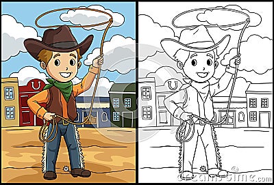 Cowboy with Rope Coloring Colored Illustration Vector Illustration