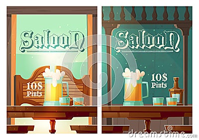 Cowboy saloon cartoon poster, wild west tavern Vector Illustration