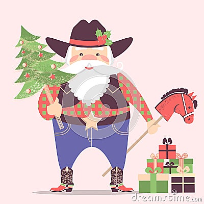 Cowboy Santa Claus in western hat and holiday gifts .Vector christmas illustration Vector Illustration