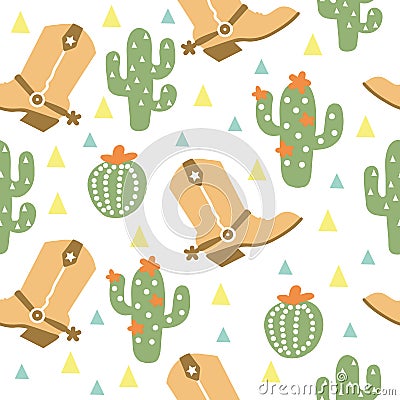 Cowboy Seamless pattern with western decorative elements. Wild West cowboy boots and cactuses. Vector baby style tender color Vector Illustration