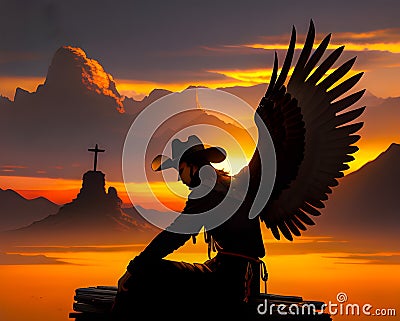 Cowboy sitting on hill with sunset grieving lost loved one Stock Photo