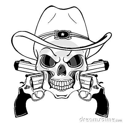 Cowboy skull in a western hat and a pair of crossed guns Vector Illustration