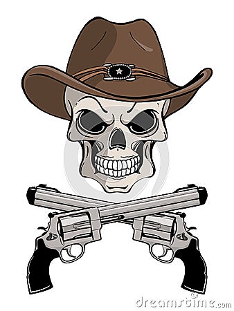 Cowboy skull in a western hat and a pair of crossed guns Vector Illustration