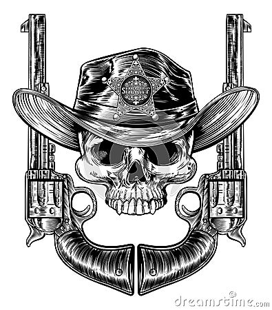 Skull in Cowboy Hat with Sheriff Star and Pistols Vector Illustration