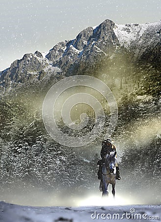 Cowboy into snowy landscape Stock Photo