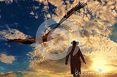 Cowboy at sunset background with an eagle - 3D rendering Stock Photo