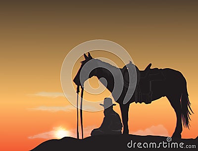 Cowboy at sunset Vector Illustration