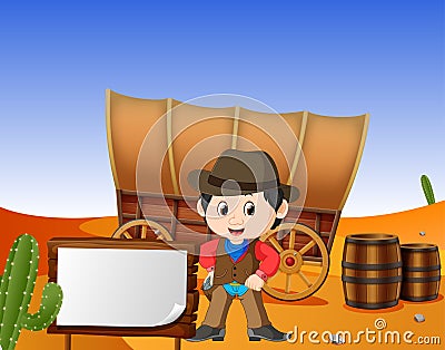 A cowboy with a wooden sign at the desert Vector Illustration