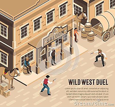Cowboys Duel Isometric Illustration Vector Illustration