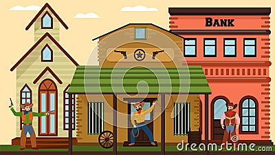 Cowboys duel near bank, city in wild west in American style, old village houses, salon, design cartoon style vector Vector Illustration