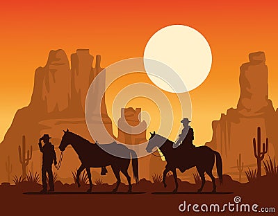 cowboys figures silhouettes in horses in the desert Vector Illustration
