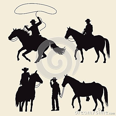 cowboys with horses animals silhouettes Vector Illustration