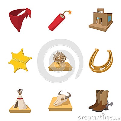 Cowboys icons set, cartoon style Vector Illustration