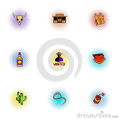 Cowboys icons set, pop-art style Vector Illustration