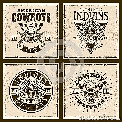Cowboys and indians four colored vintage emblems, badges, labels or prints on western thematic. Vector illustration on Vector Illustration
