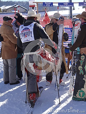 Cowboys preparing for the 40th Annual Cowboy Downhill Race Editorial Stock Photo