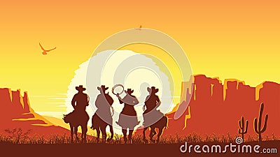 Cowboys riding horses at sunset. Vector prairie landscape with sun Vector Illustration