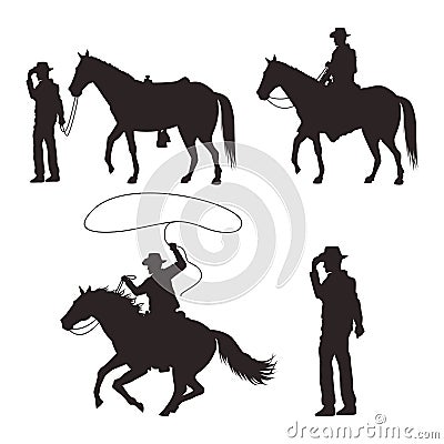 cowboys silhouettes with guns and horses Vector Illustration