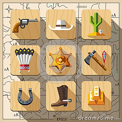 Cowboys and Wild West, flat icon set Vector Illustration