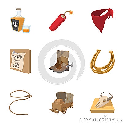 Cowboys of Wild West icons set, cartoon style Vector Illustration