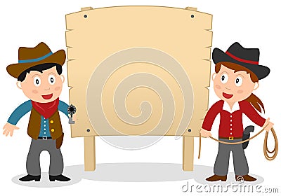 Cowboys and Wooden Banner Vector Illustration