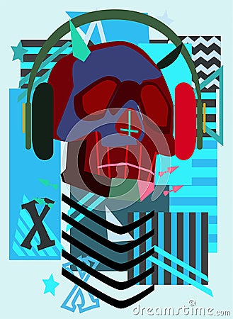 Music robot skull with headphones and abstract background, blue color. Vector Illustration