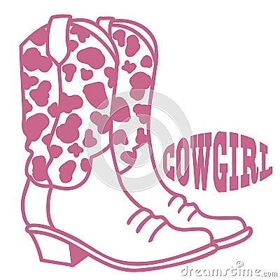 Cowgirl boots vector illustration. Vector western cowboy pink boots with cow decoration isolated on white Vector Illustration