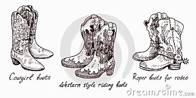 Cowgirl boots, Western style riding boots,Roper boots for rodeo, woodcutstyle ink drawing illustration Vector Illustration