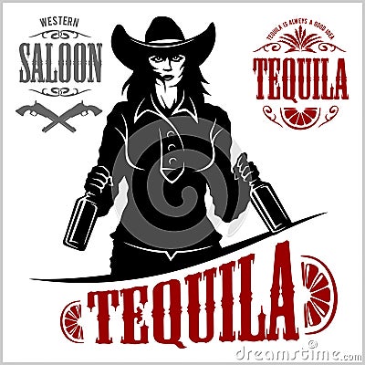 Cowgirl with bottle tequila - vector picture Vector Illustration