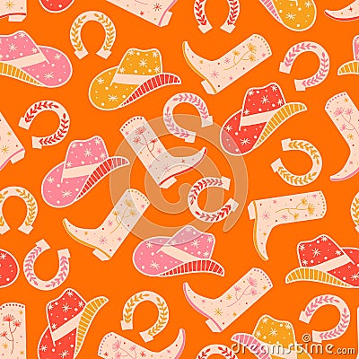 Cowgirl Horse Ranch seamless vector pattern. Cowboy boots, hat, horseshoe repeating background. Wild West surface pattern design Vector Illustration
