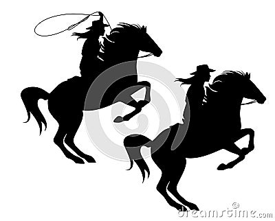 Cowgirl and rearing up horse black vector silhouette Vector Illustration