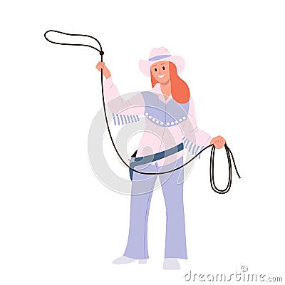 Cowgirls cartoon character wearing traditional clothing throwing lasso rope isolated on white Vector Illustration