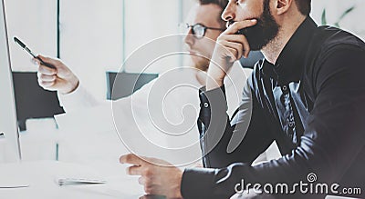 Coworkers Business Meeting Process Sunny Office.Closeup Teamwork Modern Concept.Two Young Bearded Guy Discussing Stock Photo