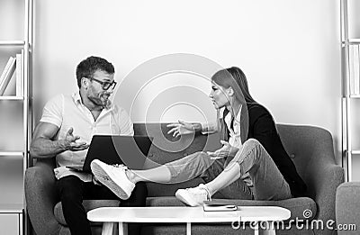 Coworkers talking. Successful business couple. Colleague working together. Business relations. Businespeople discuss Stock Photo