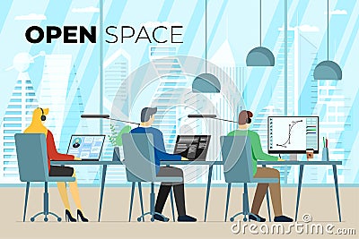 Coworking center open space office with freelance persons. Professional coworker workplace. Programmer, designer and Vector Illustration